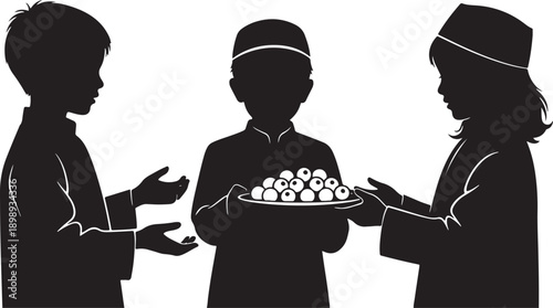 Three children sharing sweets during Eid celebration, symbolizing generosity and festive joy with silhouettes.