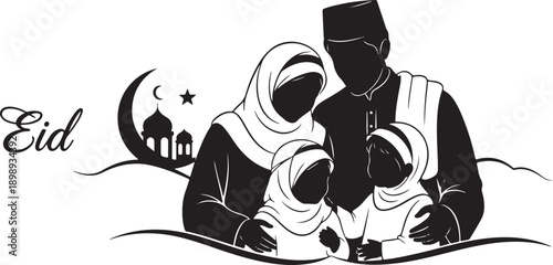 Happy Eid silhouette of a Muslim family with mosque and crescent moon, celebrating togetherness and Islamic traditions.