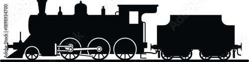 Silhouette of a historical steam train with a distinct tender on white locomotive railway transportation