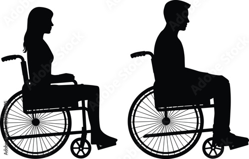 Silhouette of a woman and a man sitting in wheelchairs isolated on a white background representing accessibility and mobility challenges