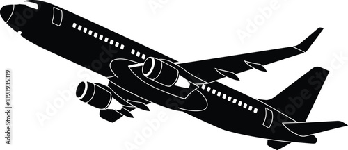 Silhouette of a modern passenger airplane in flight, viewed from below and to the side, with engines clearly visible against a white background, representing travel and aviation