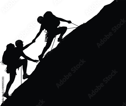 Silhouetted climbers in mid-ascent on a rocky mountain, one extending a hand to help the other, emphasizing collaboration and shared challenge in an outdoor setting