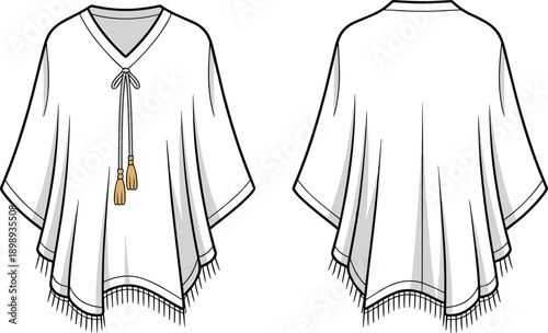 White poncho with v-neck tie and tassel details and fringed hem front and back views
