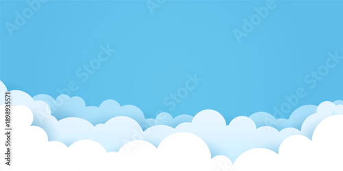 Friendly Wide Sky Background With Clouds. Paper Cut Style. 