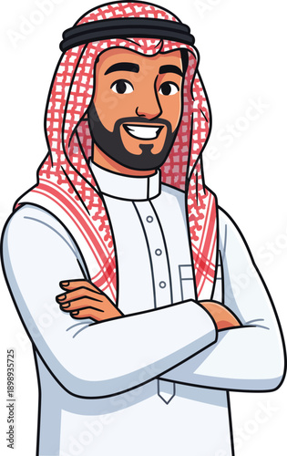 Smiling Arab man in traditional thobe and red ghutra a confident character with a beard and crossed arms.