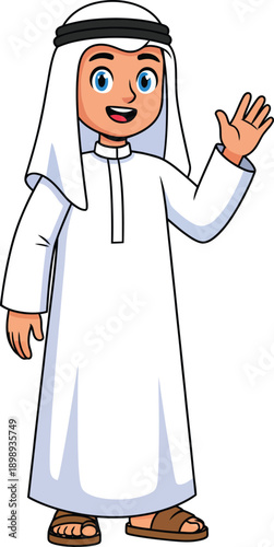 Smiling cartoon Arab boy in traditional white thobe and ghutra waving his hand.
