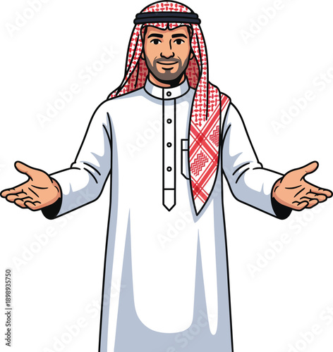 Smiling Arab man in traditional white thobe and red ghutra with a welcoming openarm gesture.