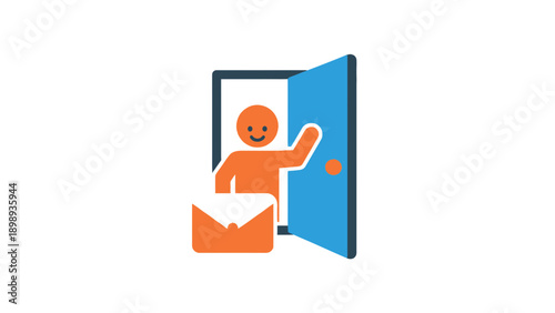 A Playful Flat Vector Icon of a Cheerful Person Waving from an Open Doorway. transparent.