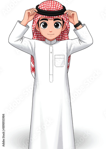 Young Arab man in anime style adjusting his red and white patterned shemagh and white thobe.