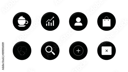 Modern black and white UI/UX web and mobile app icon set. Includes business, e-commerce, analytics, user, communication, search, and action symbols.
