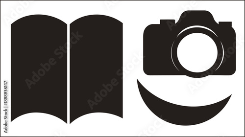 Open book and camera icon silhouettes vector illustration for education, learning, photography, reading, and creative concepts.