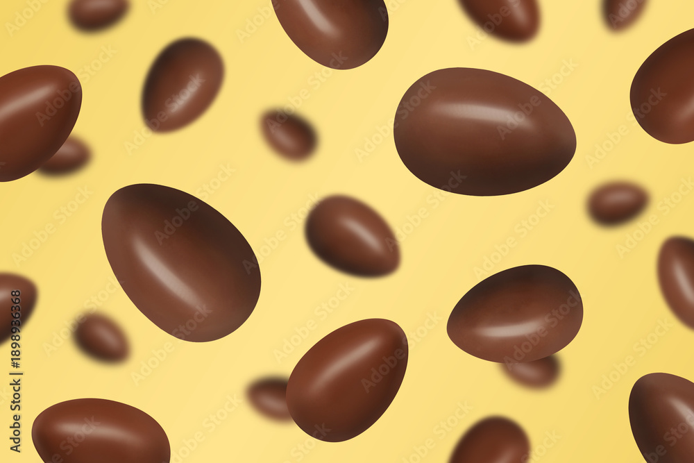 Fototapeta premium Sweet chocolate eggs flying in air on pastel orange background