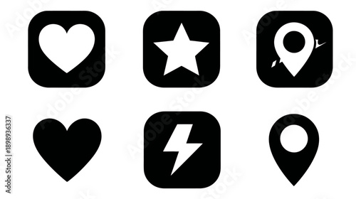 Black and White Web and App Icons Set: Heart, Star, Location Pin, and Lightning Bolt Symbols for Digital Design