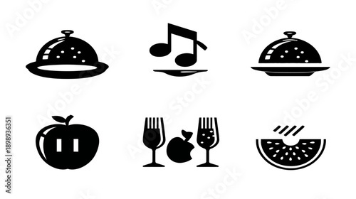 Monochrome vector icons set featuring dining cloches, music notes, apples, champagne flutes, and a bitten fruit. Simple graphic elements.