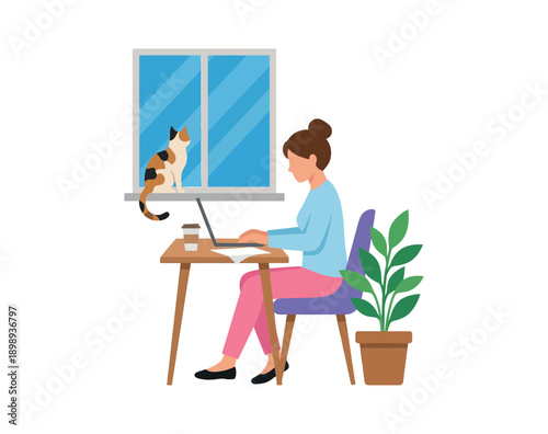 A woman works on her laptop at a desk with a cat on the windowsill and a plant beside her.