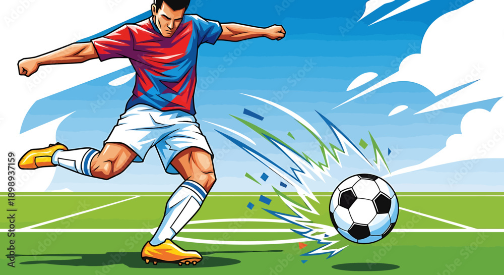 Obraz premium Dynamic illustration of a male soccer player powerfully striking a football on a vibrant green field under a clear blue sky, capturing the excitement of the sport