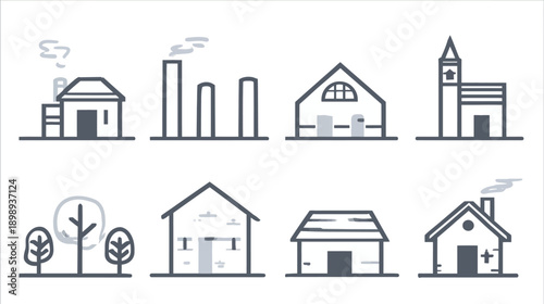 Diverse Building Line Art Icons Collection: House, Factory, Church, and Barn Vector Illustrations Set