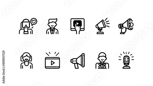 Digital Communication & Marketing Line Icons: Social Media, Video, Audio, Users, Announcement, Feedback, Promotion
