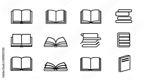 Education and Learning Book Icons Set. Minimalist Line Art Vector Collection of Open, Closed, and Stacked Books.