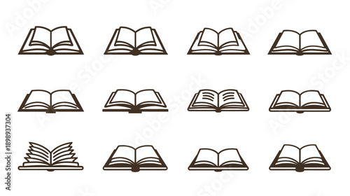 Set of open book icons. Collection of various book symbols for education, learning, knowledge, reading, and literature design.