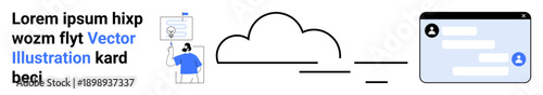 Data sharing, cloud storage, digital networking, technology, online communication, user interaction. Cloud icon linking user profile and interface design elements. Cloud storage and digital
