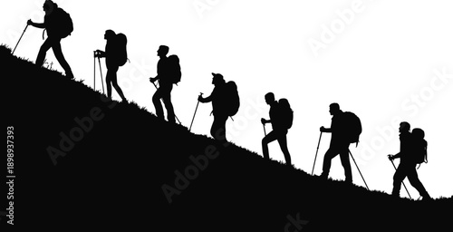 A line of hikers with backpacks and trekking poles ascend a dark silhouette of a grassy mountain slope against a white background, showing a group's determined progress