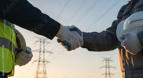 Two Electricians Shaking Hands in Front of High Voltage Power Lines on Sunny Day