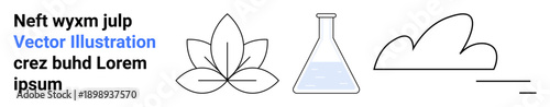 Nature symbols, environmental science, minimal design, research, clean graphics, and sustainability concepts. A leaf, laboratory flask with liquid and abstract cloud. Nature and environmental