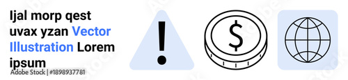 Financial risk, global economy, monetary systems, communication, security, business awareness. Triangle exclamation mark, dollar coin globe icon. Financial risk and global economy concept