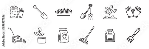 Hand Drawn Garden Tools Icons, Lawn Care Equipment