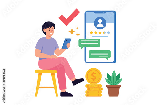 A satisfied man sitting on a stool, checking his phone with a large phone screen displaying a five-star rating and a chat interface next to him.