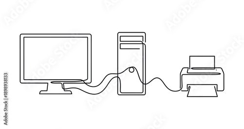 A simple line drawing of a computer system with a monitor, tower, and printer connected by cables.