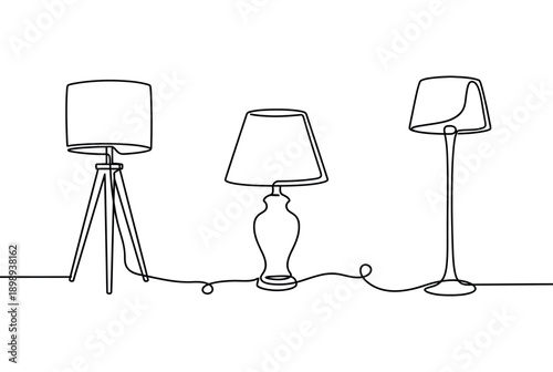 A minimalist line drawing of three different lamps on a white background