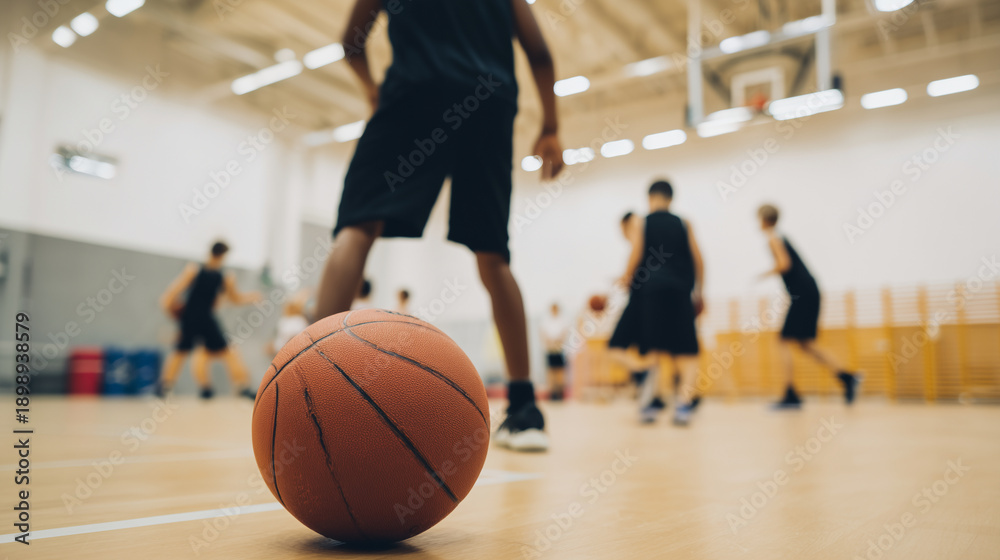 Naklejka premium youth basketball training drill in a school gymnasium, basketball bouncing sharply off the wooden floor, faceless junior athletes practicing coordination and teamwork, background p