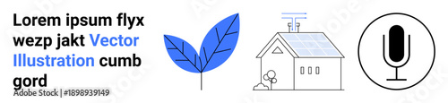 Renewable energy, sustainability, eco-friendly living, green technology, audio communication, modern innovations. A solar-powered home, leaf microphone icon. Renewable energy and sustainability