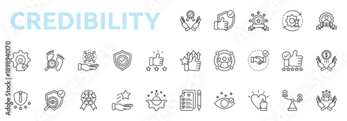 Credibility icon set outline style with reliable, believable, consistency, reputation, specialist, track record, responsibility icons