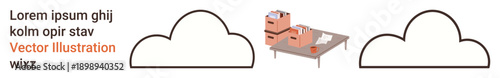 Data storage, cloud computing, organization, workplace solutions, document management, business concepts. Workspace with boxes, papers and cloud icons. Data storage and cloud computing