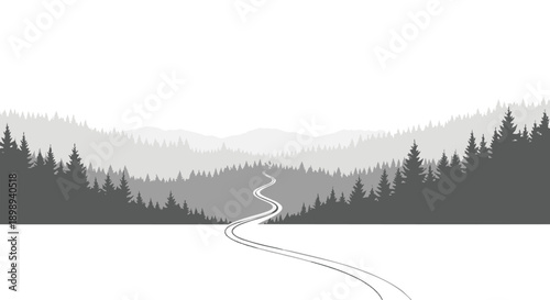 A serene winter landscape with a winding road through a forest