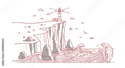 Illustration of a scenic lighthouse on a cliffside with waves and birds