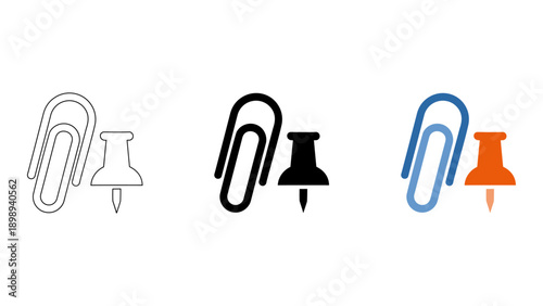 set of paperclip and pushpin icons in different colors representing organization and attachment