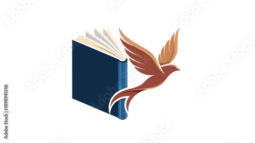 Vector illustration of a flying hummingbird with a book feather on an abstract nature background featuring wings and a stork symbol.
