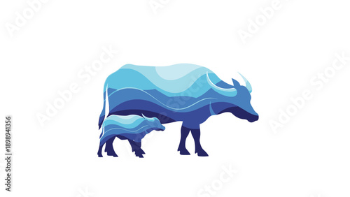 Liquid Flow Silhouette of a Water Buffalo and Calf from Asian Rice Paddies. transparent.