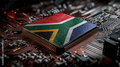 South Africa Flag Integrated into Advanced Microchip on Circuit Board – African Technology and Semiconductor Innovation Concept