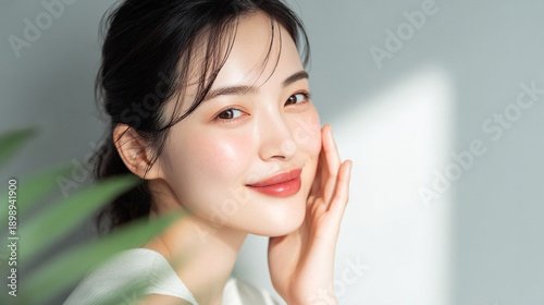 健康的で透明感のある美しい肌の笑顔の女性