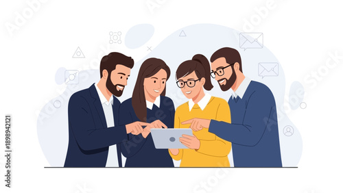 Teamwork and Collaboration: Diverse professionals reviewing tablet