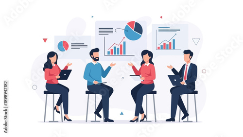 Business meeting with charts and laptops, teamwork and data analysis concept