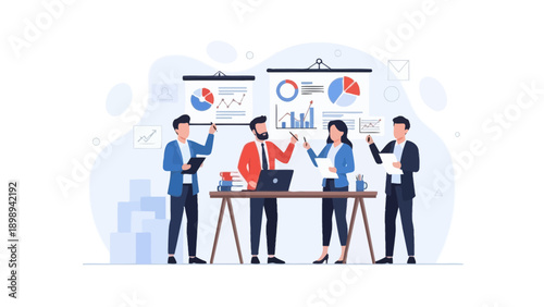 Business team presenting data analytics and financial charts on screens