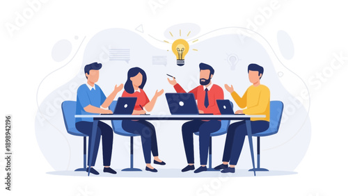 Team Meeting with Idea Bulb and Laptops
