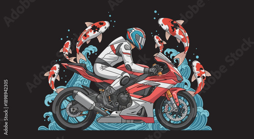 Motorcycle Rider Racing with Koi Fish Splash.