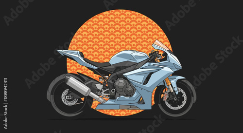 Light blue sports motorcycle on a black background with orange circle.